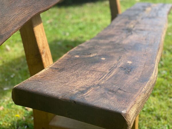 Garden bench - Banc de jardin en planches de chêne ancien à bordure vive - meubles sur mesure fabriqués à la main avec des outils traditionnels